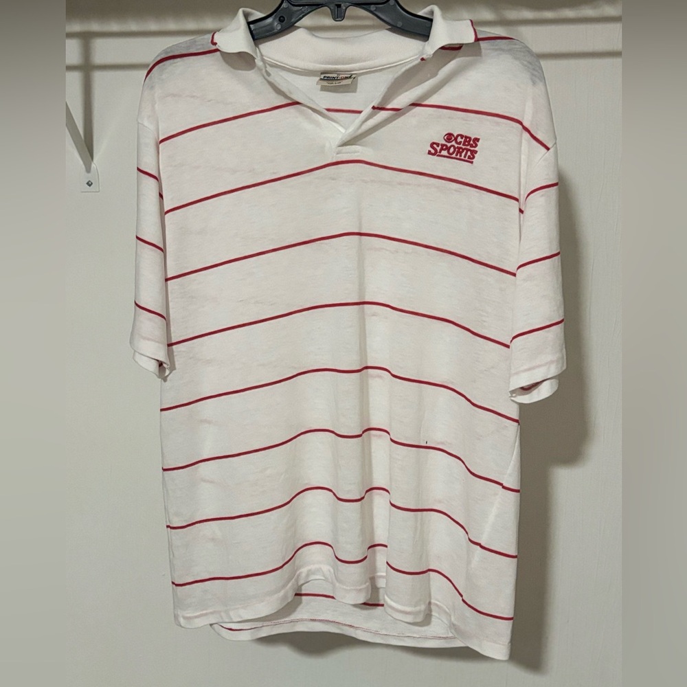 10/10 Spotless 80’s Vintage “CBS Sports” Golf Shirt White/Red stripes Sz XL-L